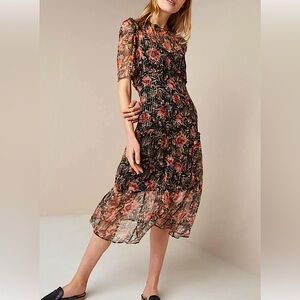 SANDRO Silk Midi Dress, Sheer Metallic Floral, XS